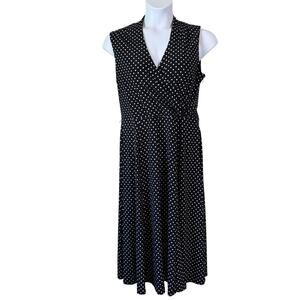 Even-Picone Black Polka Dot Dress 14 Faux Wrap Sleeveless Classic Business Retro